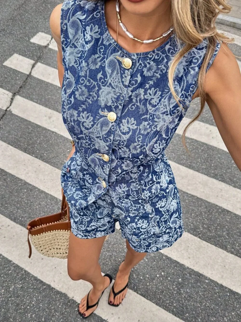 Blue Casual Women'sChic Floral Print Vest and Shorts Set